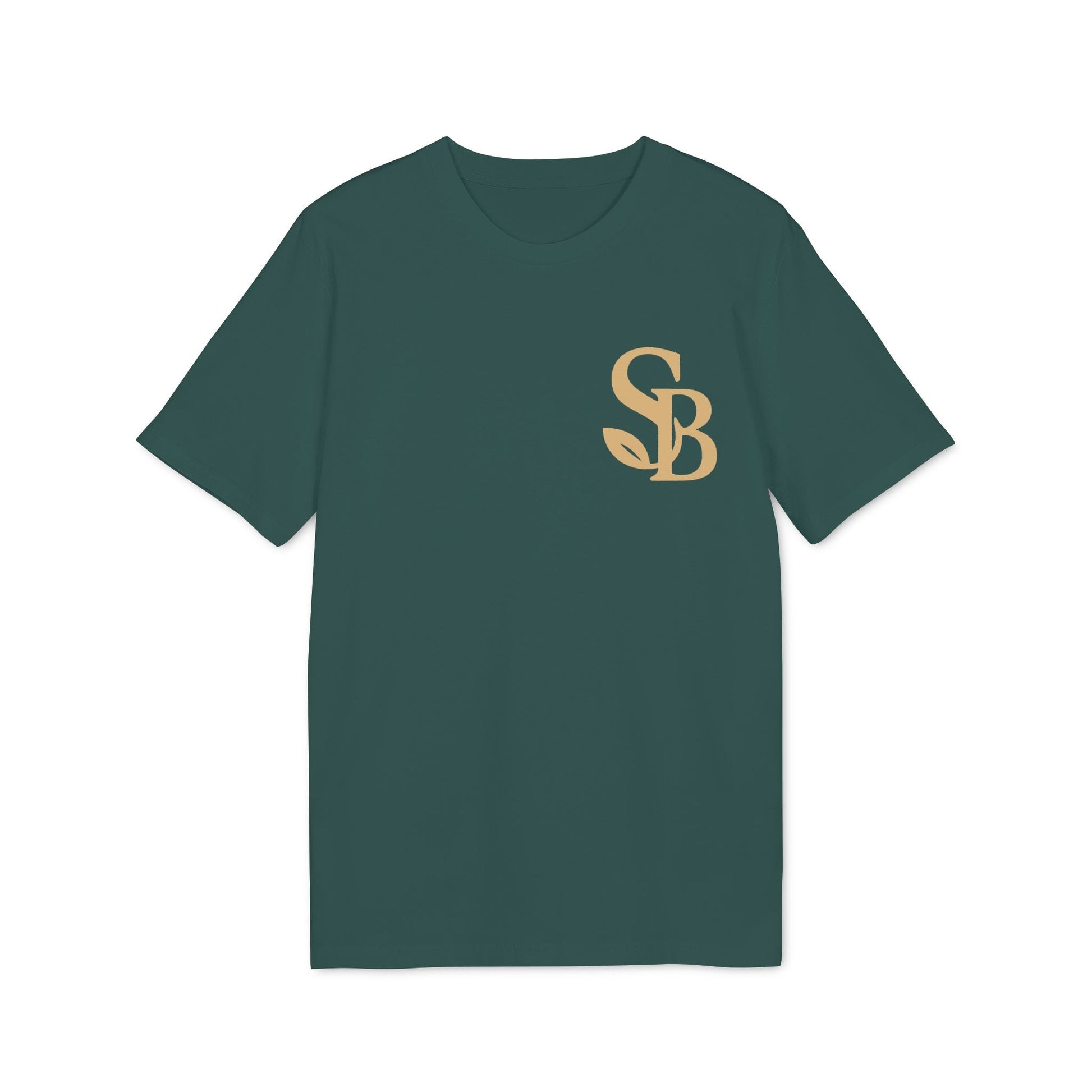 Saga Bliss 100% Organic Cotton T-Shirt in forest green with SB chest logo, short-sleeve crewneck front view