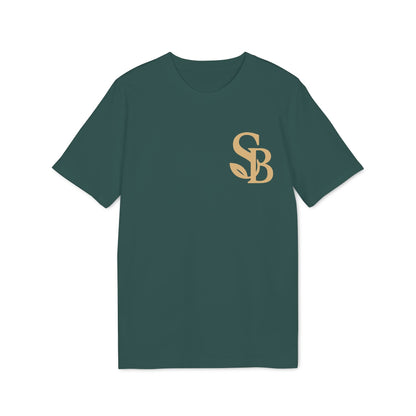 Saga Bliss 100% Organic Cotton T-Shirt in forest green with SB chest logo, short-sleeve crewneck front view