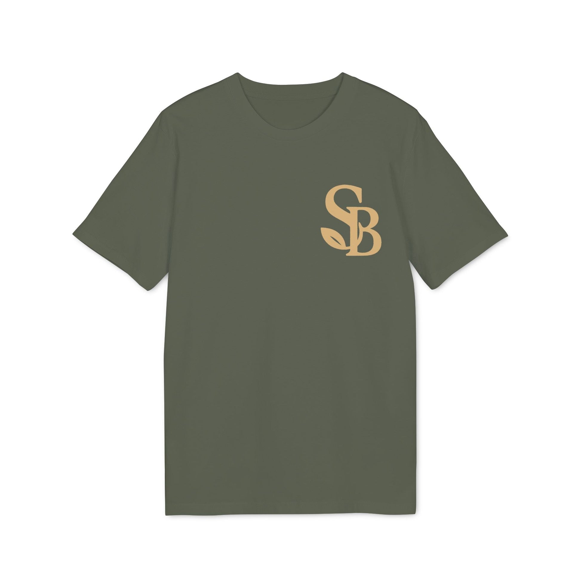 Saga Bliss 100% Organic Cotton T-Shirt verde oliva con logo SB en el pecho, cuello redondo y manga corta