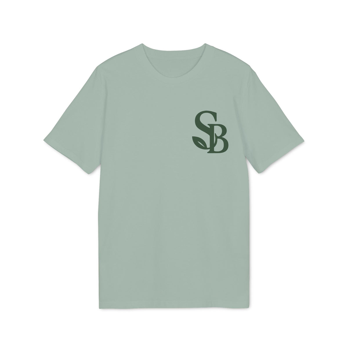Saga Bliss 100% Organic Cotton T-Shirt in sage green, front view with SB logo on chest