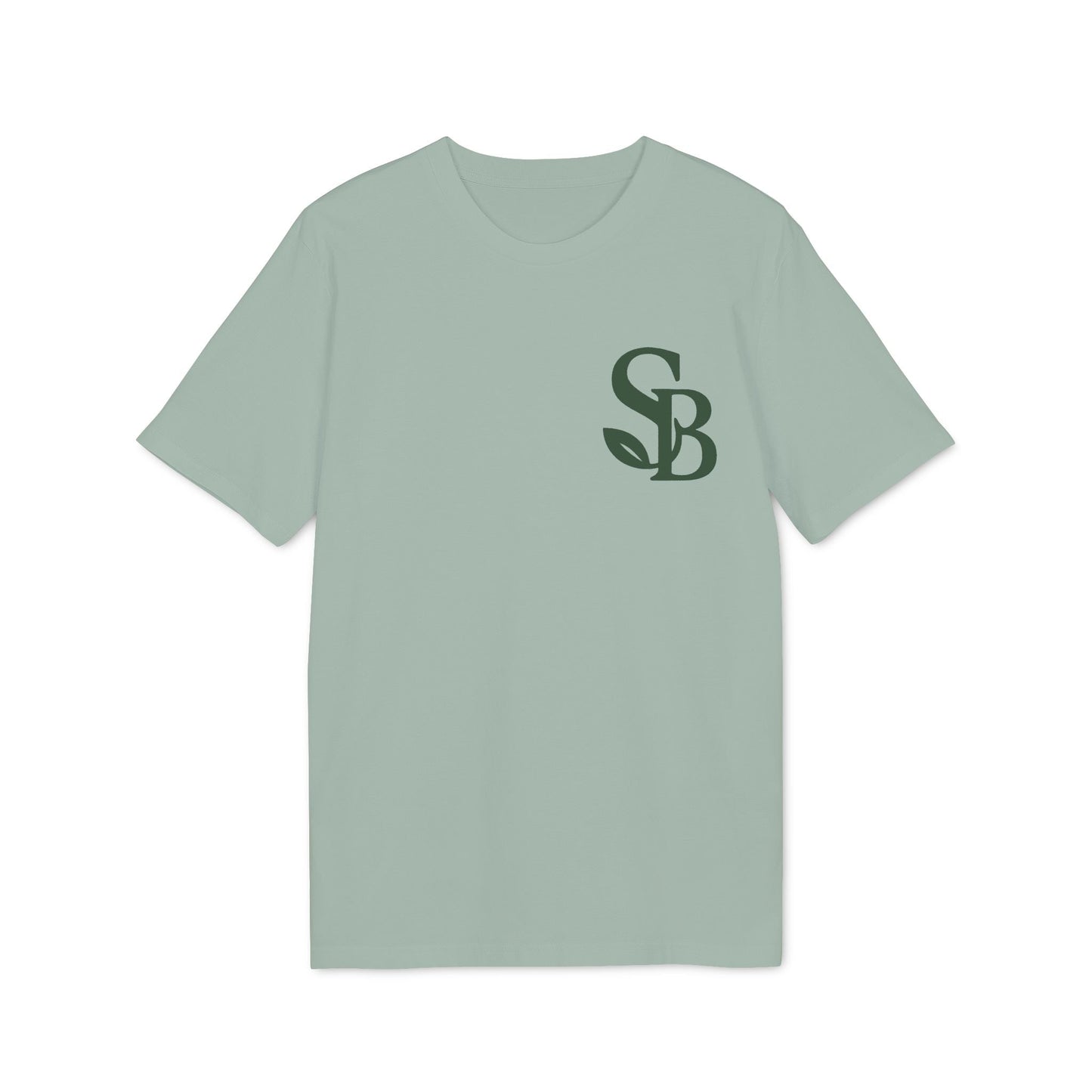 Saga Bliss 100% Organic Cotton T-Shirt in sage green, front view with SB logo on chest