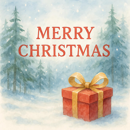 Alt Tag: Saga Bliss Gift Card For Christmas Merry Christmas watercolor gift box with ribbon in snowy pine forest