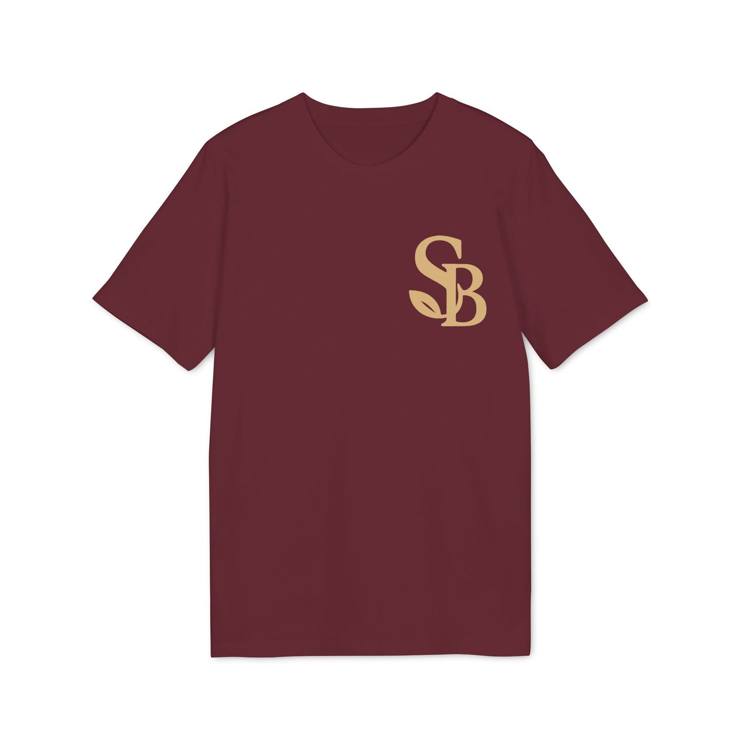 Alt Tag: Saga Bliss 100% Organic Cotton T-Shirt burgundy crew neck tee with gold SB chest logo, front view