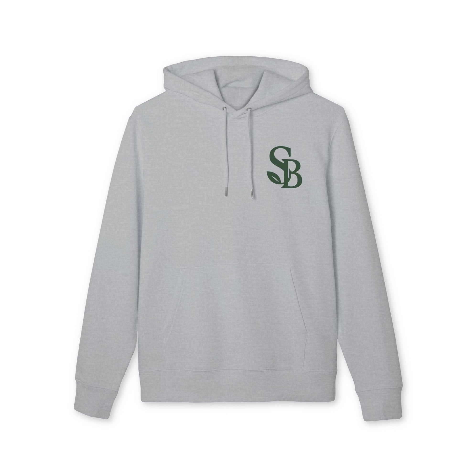 Alt Tag: Saga Bliss Original 100% Organic Cotton Hoodie in light gray with hood and front kangaroo pocket, green SB logo on chest