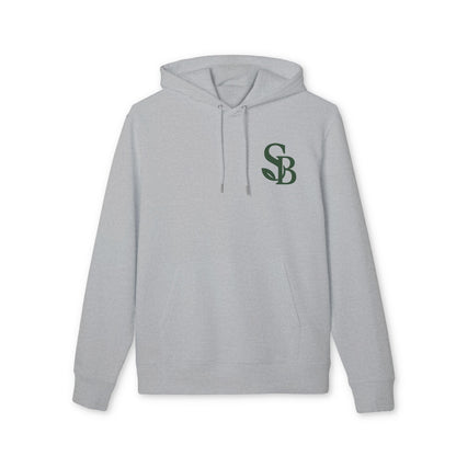 Alt Tag: Saga Bliss Original 100% Organic Cotton Hoodie in light gray with hood and front kangaroo pocket, green SB logo on chest