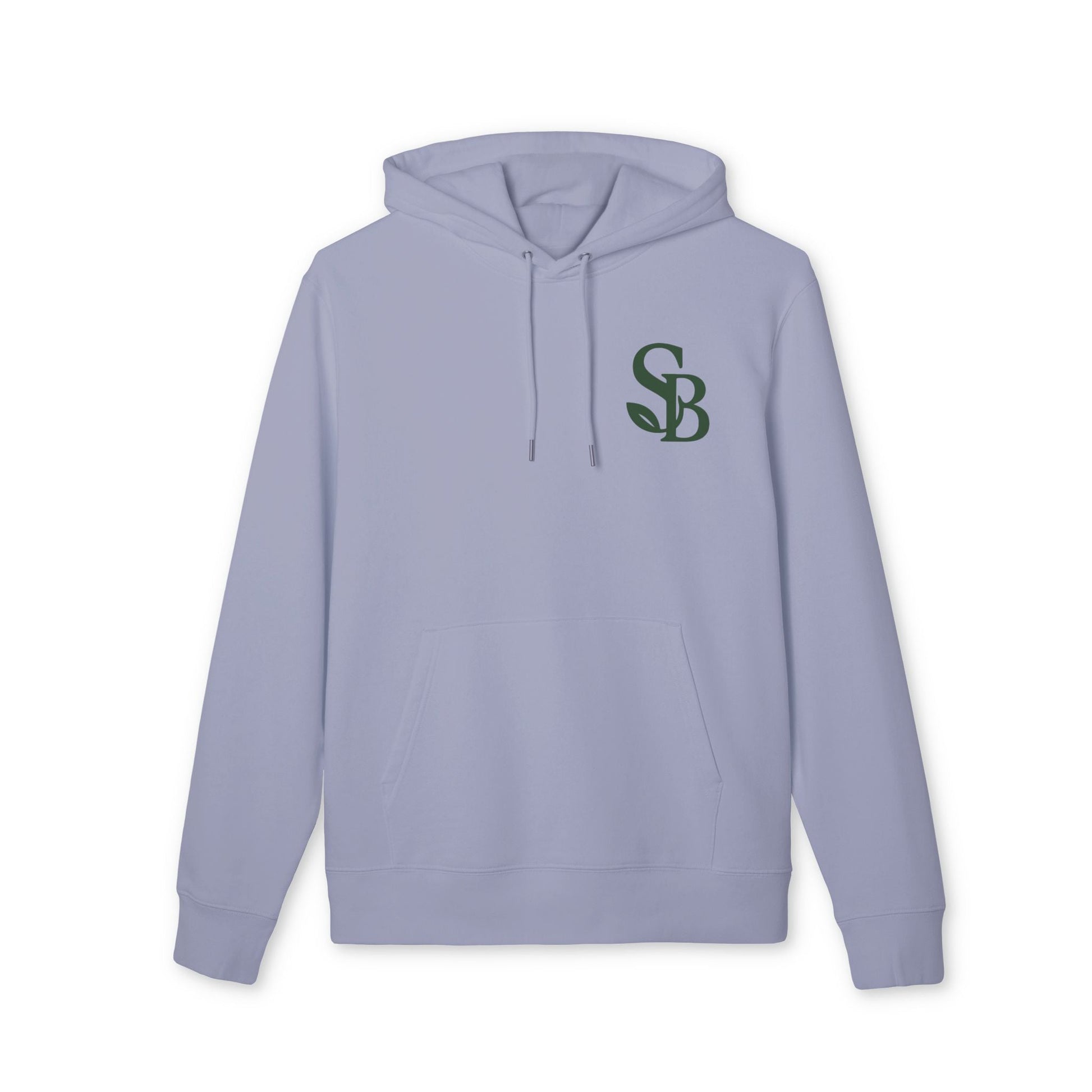 Saga Bliss Original 100% Organic Cotton Hoodie light blue pullover with hood, front kangaroo pocket and green SB chest logo