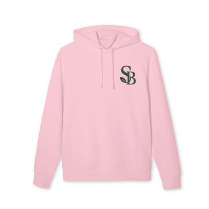 Alt Tag: Saga Bliss Original 100% Organic Cotton Hoodie in light pink with hood and front SB logo print