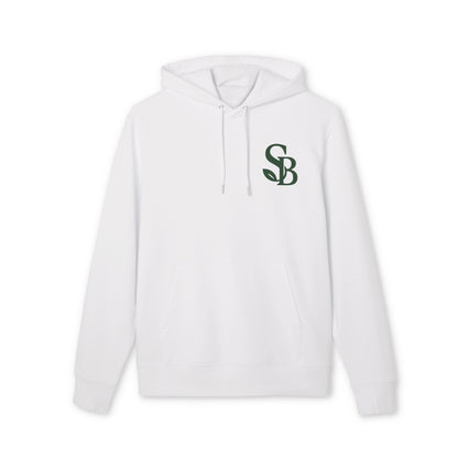 Saga Bliss Original 100% Organic Cotton Hoodie white pullover with hood and drawstrings, green SB logo on left chest