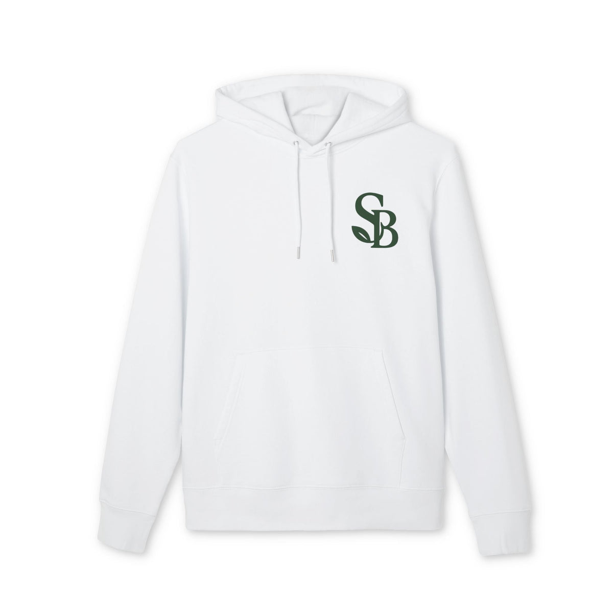 Saga Bliss Original 100% Organic Cotton Hoodie, white pullover with hood and drawstrings, SB logo on left chest