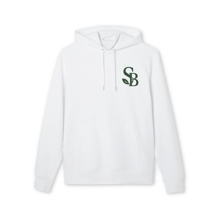Saga Bliss Original 100% Organic Cotton Hoodie, white pullover with hood and drawstrings, SB logo on left chest