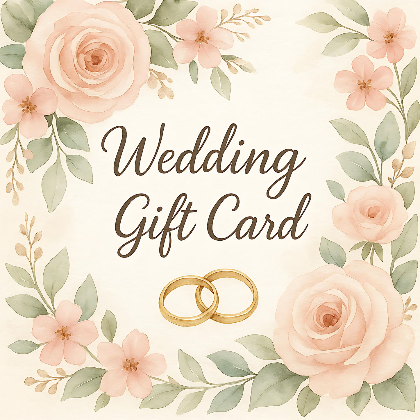 Alt Tag: Wedding Gift Card Saga Bliss floral wedding gift card design with roses, greenery, and interlocking gold rings