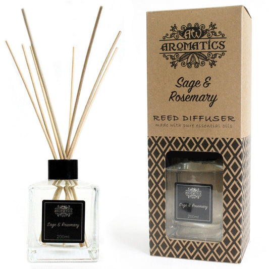 Alt Tag: Sage & Rosemary Essential Oil Diffuser – 200ML glass reed diffuser with sticks and boxed packaging, aromatherapy home fragrance