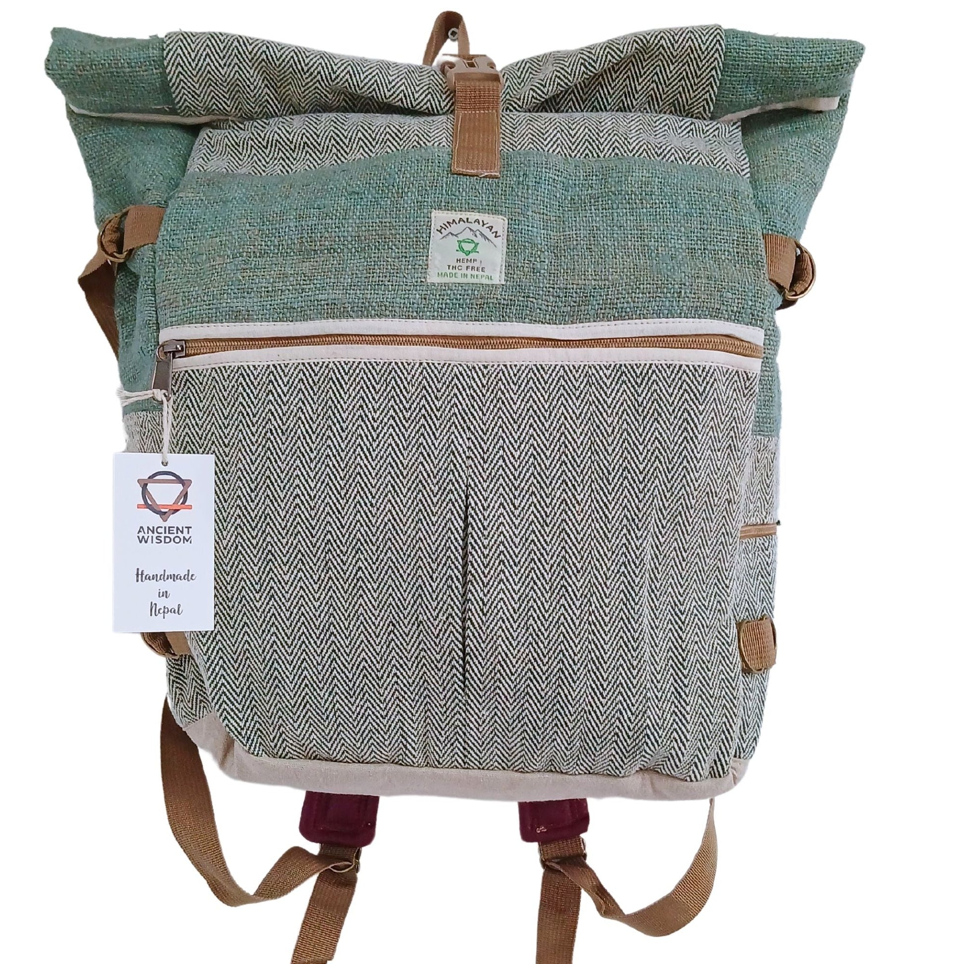 Alt Tag: Sage Trekking Rolling Backpack – Hemp & Cotton Canvas in sage tone, hemp and cotton canvas, front zipper pocket and straps