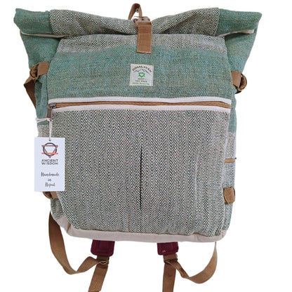 Alt Tag: Sage Trekking Rolling Backpack – Hemp & Cotton Canvas in sage tone, hemp and cotton canvas, front zipper pocket and straps
