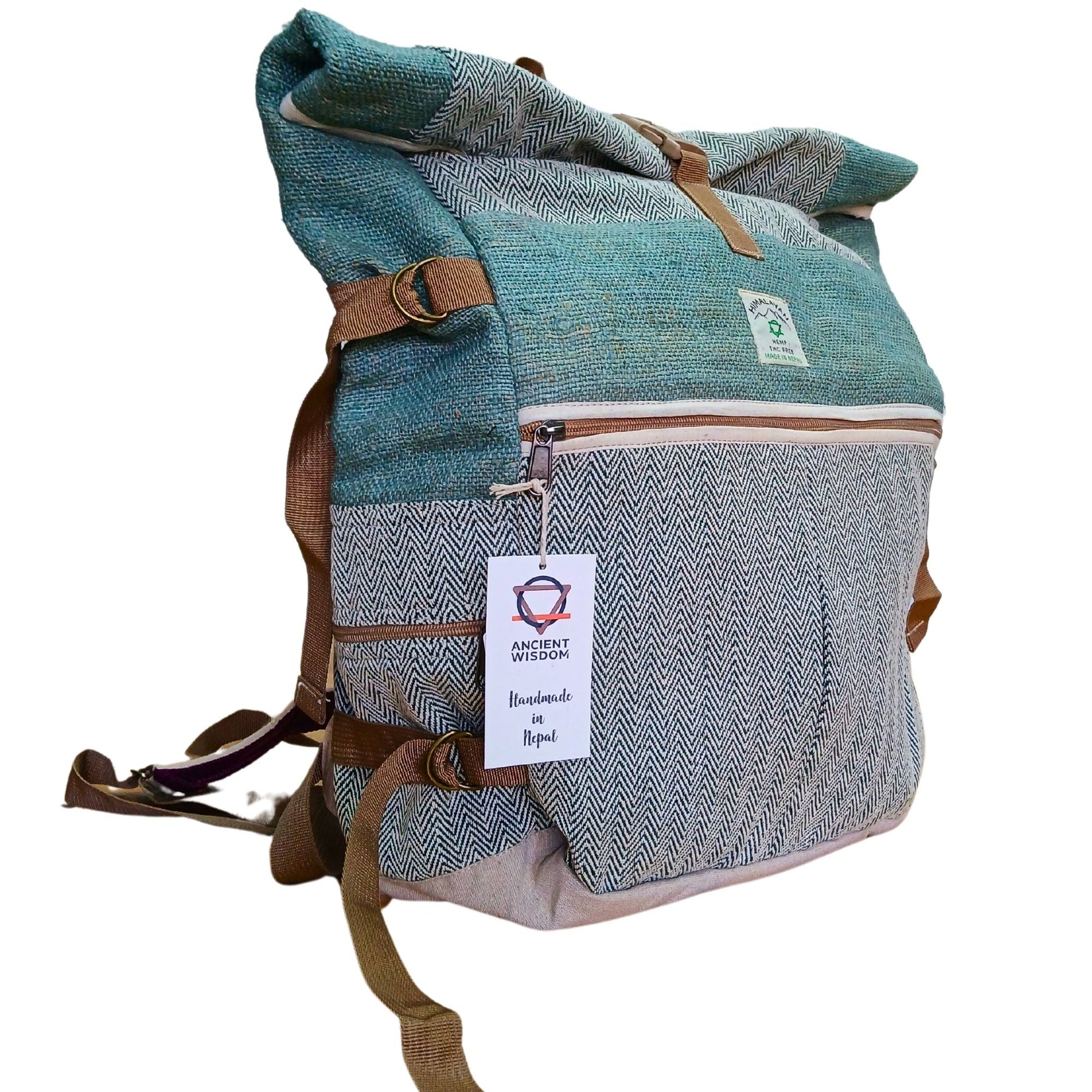 Sage Trekking Rolling Backpack – Hemp & Cotton Canvas sage canvas backpack with front zip pocket and brown straps