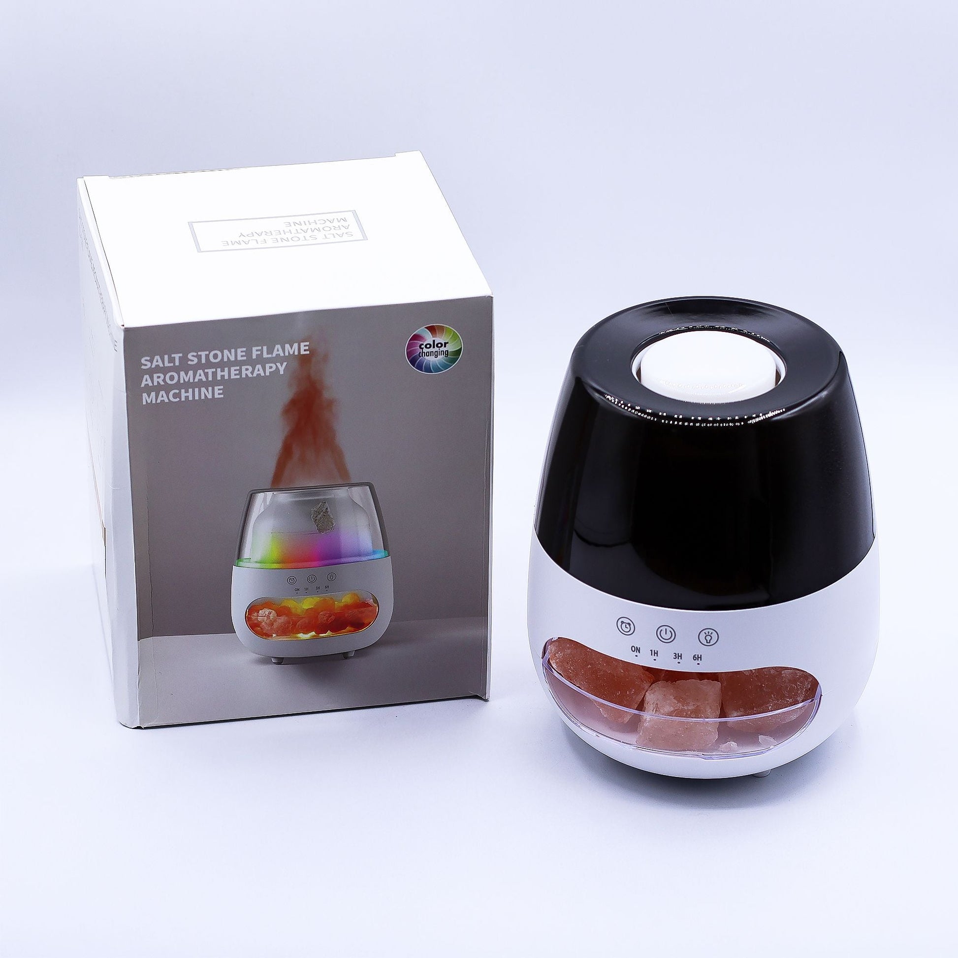 Aroma-Diffusor mit Salzstein und Flammeneffekt – Weiß – USB – Farbwechsel & Timer, mit Salzsteinen und LED-Flammenlicht, inkl. Box