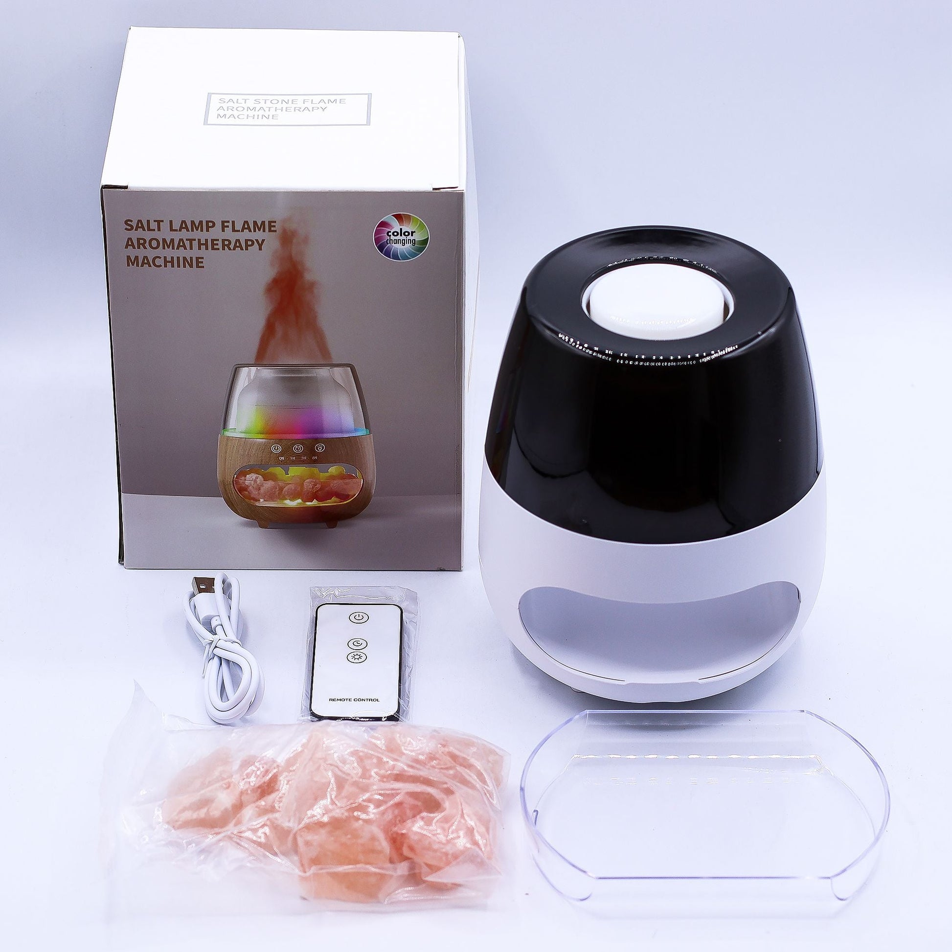 Alt-Tag: Aroma-Diffuser aus Salzstein mit Flammeneffekt – Weiß – USB – Farbwechsel & Timer mit Box, Fernbedienung, USB-Kabel, Salzsteinen