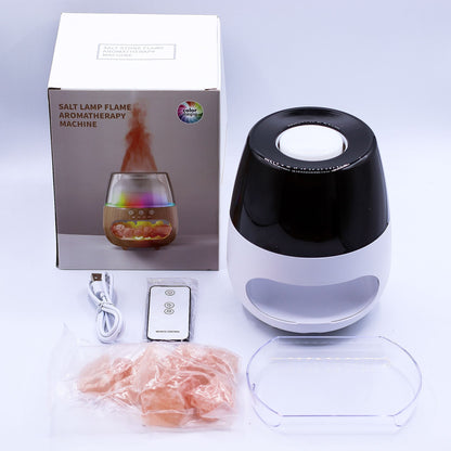 Alt-Tag: Aroma-Diffuser aus Salzstein mit Flammeneffekt – Weiß – USB – Farbwechsel & Timer mit Box, Fernbedienung, USB-Kabel, Salzsteinen