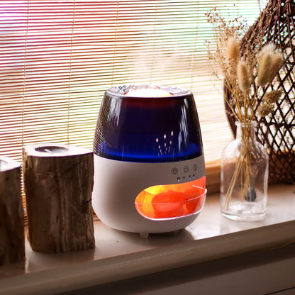 Alt-Tag: Aroma-Diffusor aus Salzstein mit Flammeneffekt – Weiß – USB – Farbwechsel & Timer auf Fensterbank mit leuchtender, flammenähnlicher LED und Timer-Bedienelementen