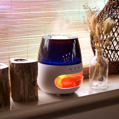 Aroma-Diffusor mit Flammeneffekt und Salzstein – Weiß – USB – Farbwechsel & Timer auf der Fensterbank mit Flammeneffekt-LED und Salzsteinkammer