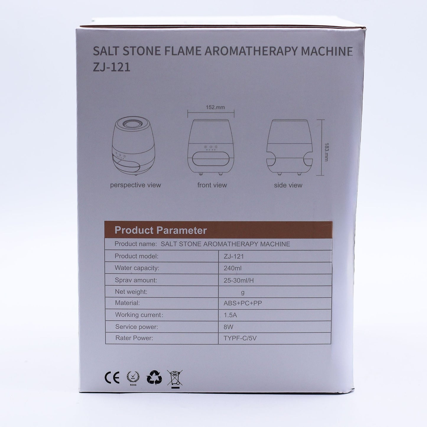 Salt Stone Flame Effect Aroma Diffuser – Weiß – USB – Farbwechsel & Timer Box mit Produktparametern und Maßdiagramm