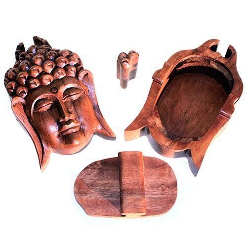 Saman Wood Bali Magic Box – Buddha Head handgefertigte Holz-Puzzlebox mit verstecktem Fach, geöffnet, um die Teile zu zeigen
