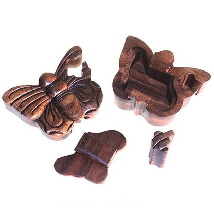 Saman Wood Bali Magic Box – Butterfly Design wooden puzzle box with hidden compartment, butterfly shape, disassembled pieces