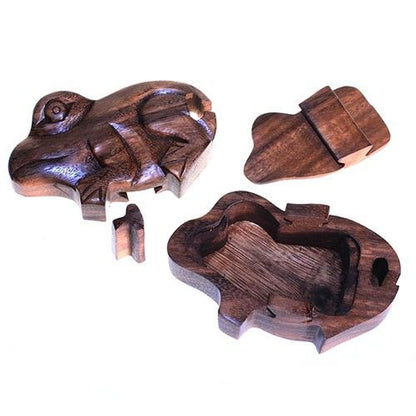 Alt Tag: Saman Wood Bali Magic Box – Frog 8.5x2.5 CM wooden frog puzzle box with hidden compartment, shown open with removable pieces