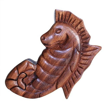 Alt Tag: Saman Wood Bali Magic Box – Sea Horse wooden seahorse puzzle box for small keepsakes, carved Saman wood, 8x2 cm