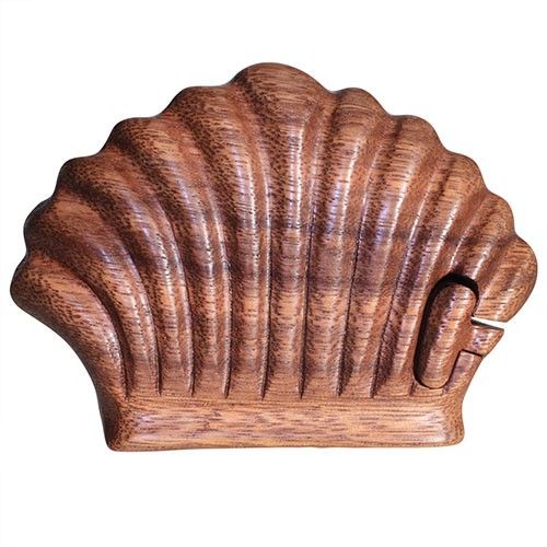 Alt Tag: Saman Wood Bali Magic Box – Sea Shell Design, puzzle box de madera Saman con compartimento oculto, 7.5x2.5 cm