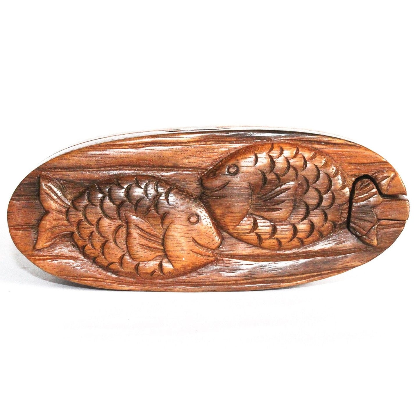 Saman Wood Bali Magic Box – Twin Fish Puzzle carved wooden secret puzzle box, twin fish design, 9.5x2.5 cm