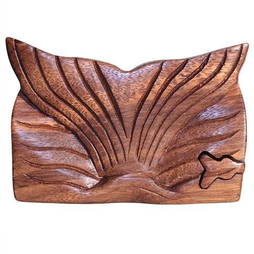 Alt Tag: Saman Wood Bali Magic Box – Whale Tail-Fin carved saman wood puzzle box with whale tail fin design and hidden compartment