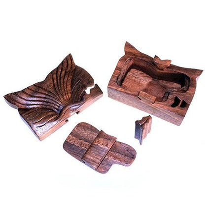 Saman Wood Bali Magic Box – Whale Tail-Fin wooden puzzle box with hidden compartment, whale tail carving, opened to show pieces