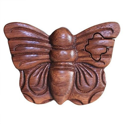 Alt Tag: Saman Wood Butterfly Puzzle Magic Box – 7x2.5 CM handcrafted Saman wood butterfly puzzle box with hidden compartment, Bali decor