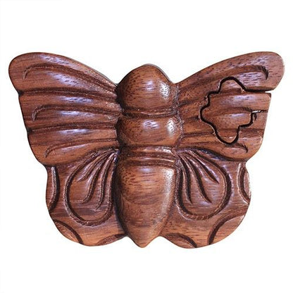 Alt Tag: Saman Wood Butterfly Puzzle Magic Box – 7x2.5 CM handcrafted Saman wood butterfly puzzle box with hidden compartment, Bali-inspired decor