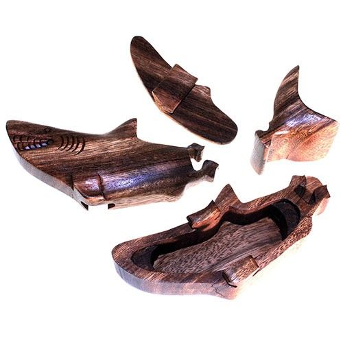 Alt Tag: Saman Wood Magic Box – Happy Shark wooden puzzle box with shark design, opened to show interior storage compartment