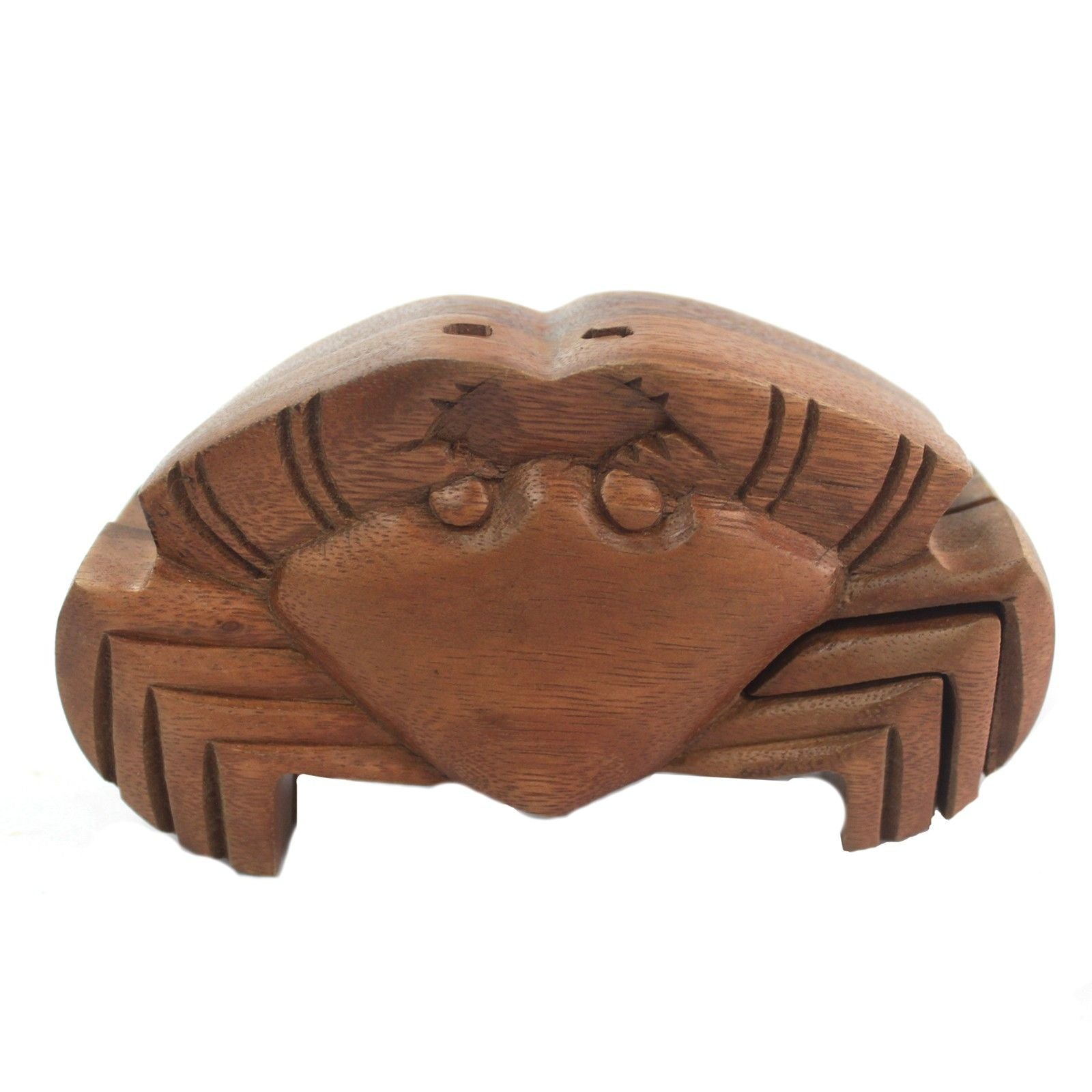 Alt Tag: Saman Wood Magic Box – Beach Crab 14x7 CM, wooden crab-shaped puzzle box with carved details and hidden compartment