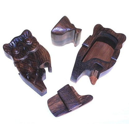 Alt Tag: Saman Wood Magic Box – Owl Design, handmade owl-shaped wooden puzzle box with secret compartment, Indonesia, 6x2 cm