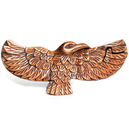 Alt Tag: Saman Wood Magic Box Puzzle – 13.5x2.5 CM, carved wooden spread eagle design magic box puzzle from Indonesia