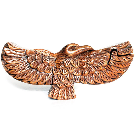 Alt Tag: Saman Wood Magic Box Puzzle – 13.5x2.5 CM, carved wooden spread eagle design magic box puzzle from Indonesia