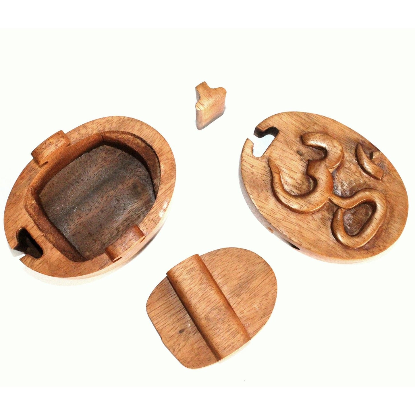Alt Tag: Saman Wood Magic Puzzle Box – 6.5x2.5 CM open view with Om carving, secret compartment and wooden puzzle pieces