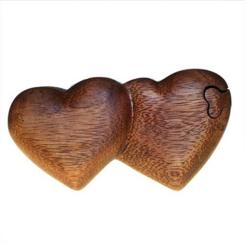 Saman Wood Puzzle Box – Twin Hearts 7.5x2.5 CM, caja rompecabezas de madera Saman con diseño de dos corazones, color marrón