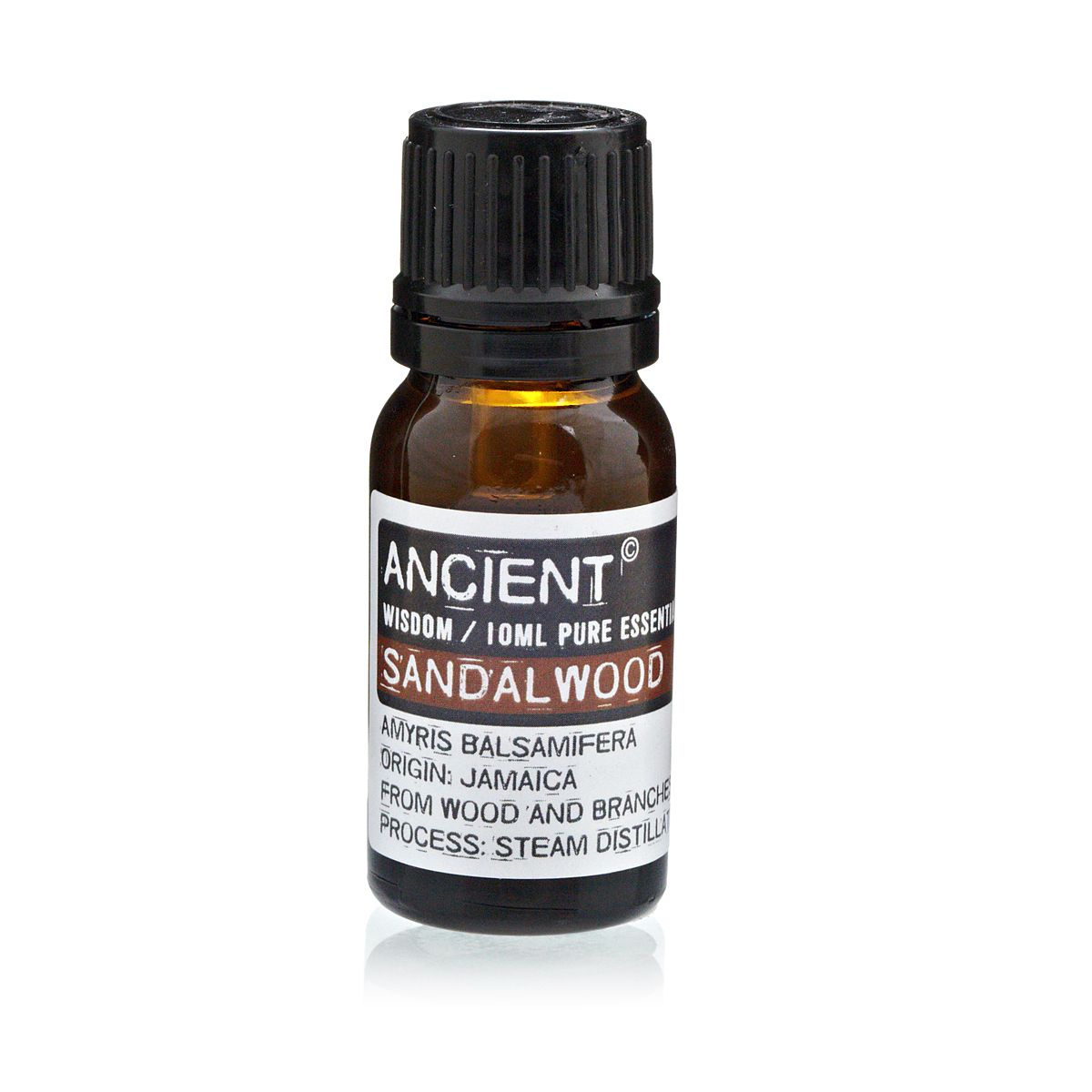 Alt-Tag: Ätherisches Sandelholz-Amyris-Öl – 10-ml-Flasche, Etikett „Ancient Wisdom“ für reines ätherisches Öl, Braunglas mit schwarzem Verschluss