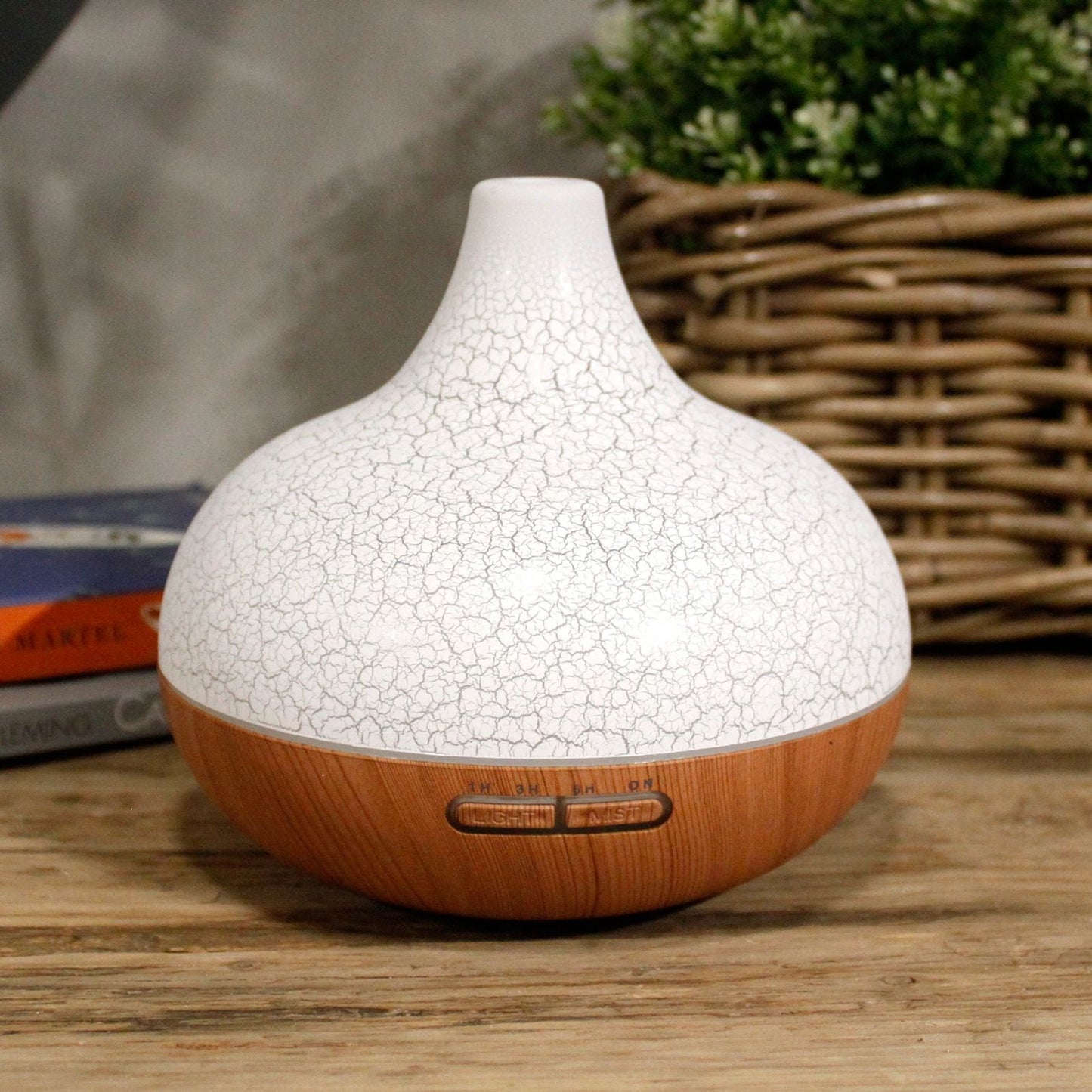 Santorini Atomiser – Shell Effect – USB – Colour Change – Timer difusor ultrasónico con acabado efecto concha blanco y base efecto madera