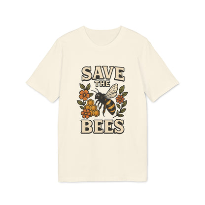 Alt Tag: Save The Bees 100% Organic Cotton T-Shirt with bee, honeycomb and floral graphic on cream tee