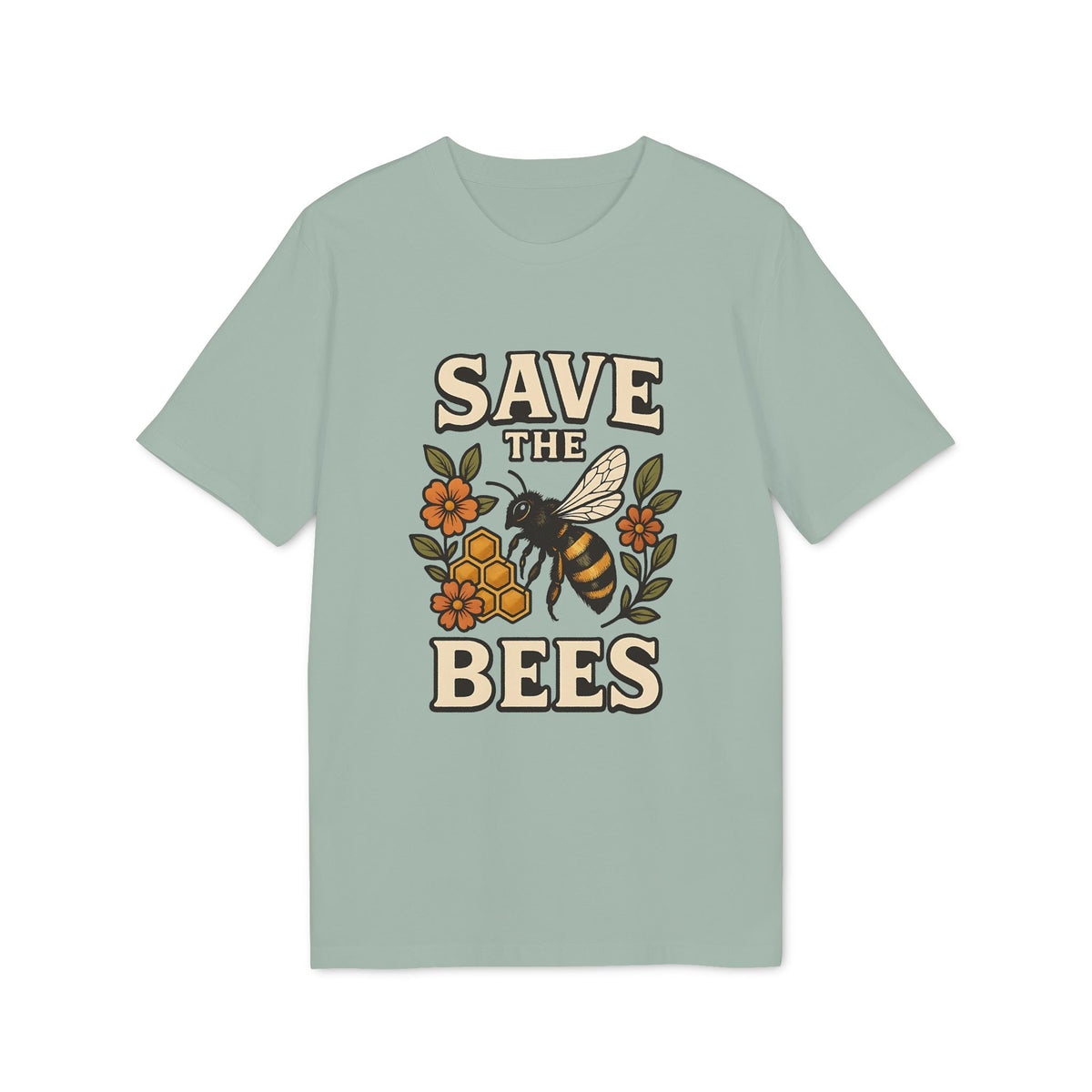 Save The Bees 100% Organic Cotton T-Shirt in sage green with vintage bee, honeycomb and flower graphic and “SAVE THE BEES” text