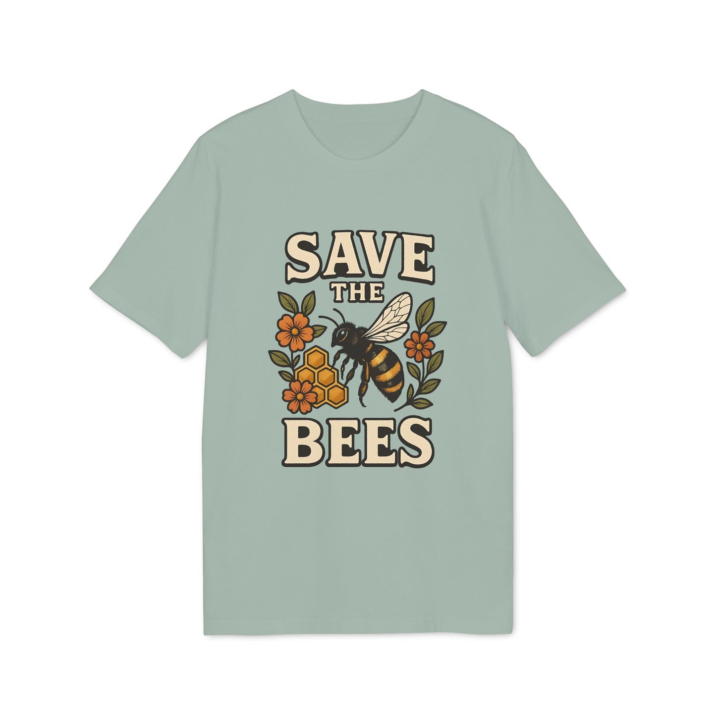Save The Bees 100% Organic Cotton T-Shirt in sage green with vintage bee, honeycomb and flower graphic and “SAVE THE BEES” text