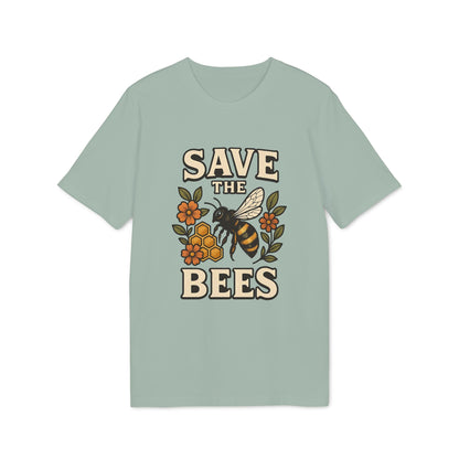 Save The Bees 100% Organic Cotton T-Shirt in sage green with vintage bee, honeycomb and flower graphic and “SAVE THE BEES” text