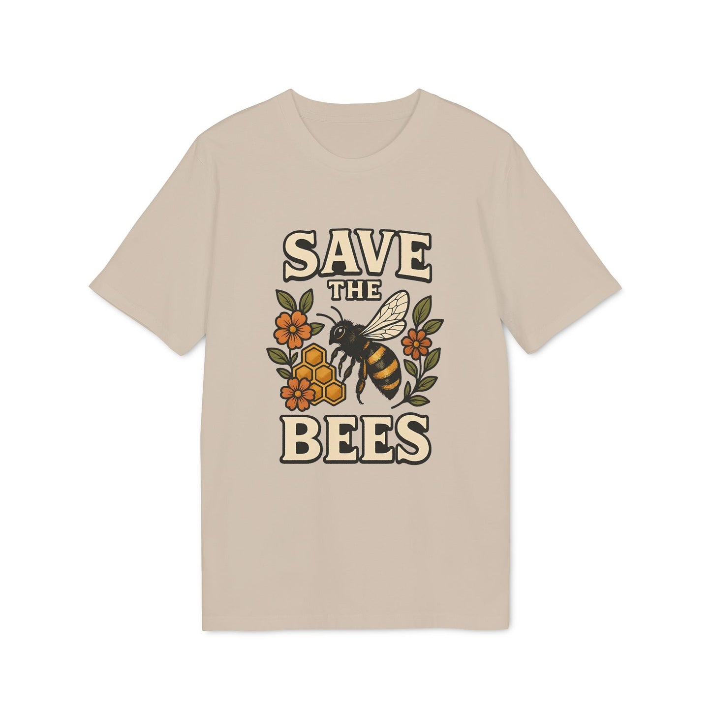 Save The Bees 100% Organic Cotton T-Shirt beige graphic tee with bee, honeycomb and flowers, “SAVE THE BEES” text