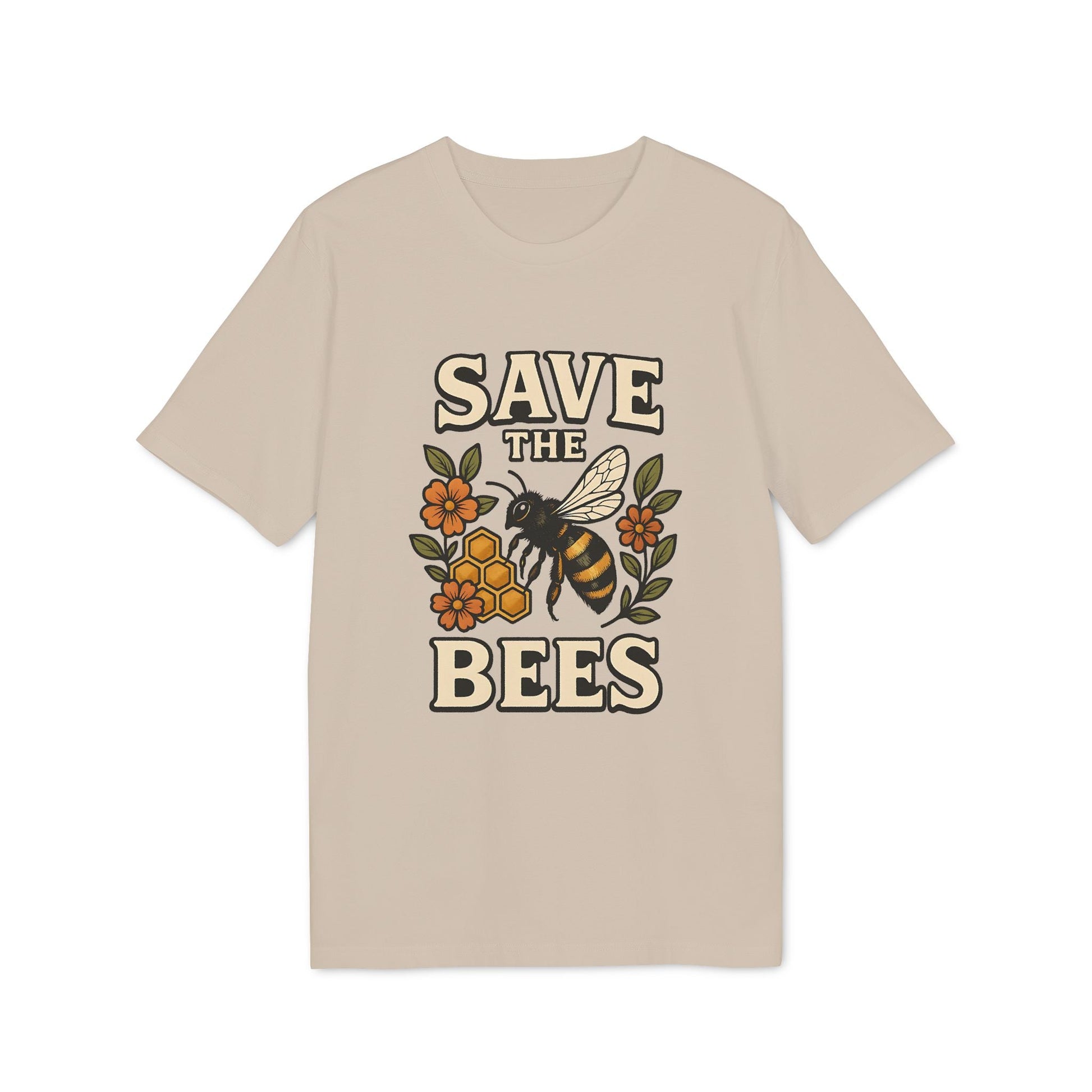 Save The Bees 100% Organic Cotton T-Shirt beige graphic tee with bee, honeycomb and flowers, “SAVE THE BEES” text